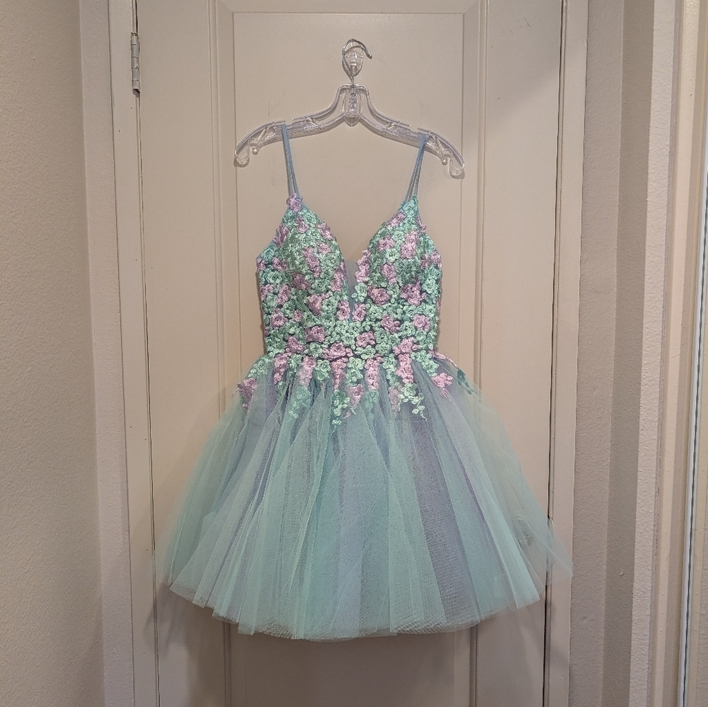 Jovani Multi Floral Embroidered Bodice Tulle Mini Dress Size 4 - Picture 8 of 11